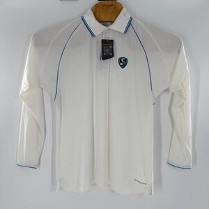 SG Premium 2.0 Cricket Shirt Mens Large White Blue Long Sleeve Dri-Maxx Polo